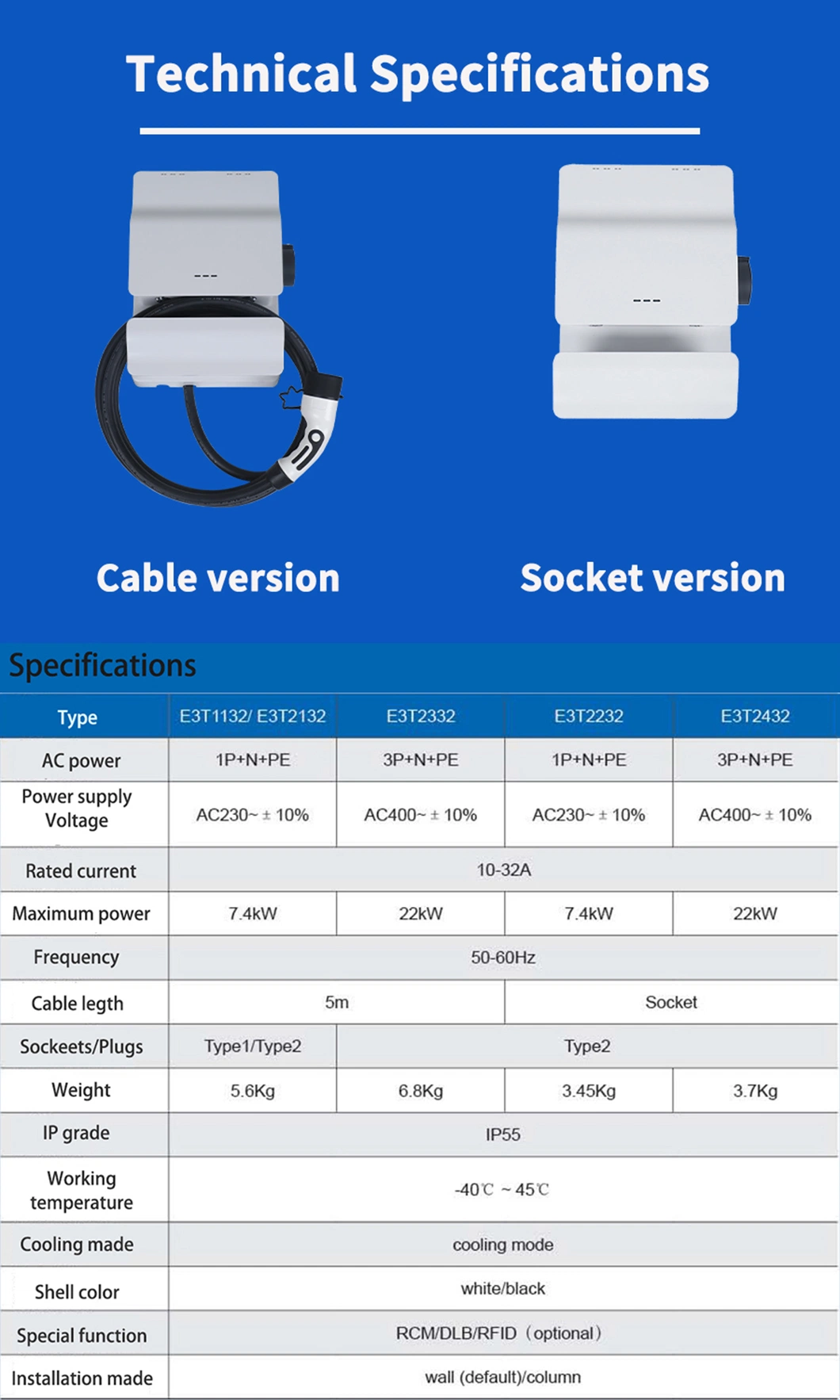 Level2 7kw Type1 Type2 GB/T Electric Car RFID IP55 EV Wallbox Charger