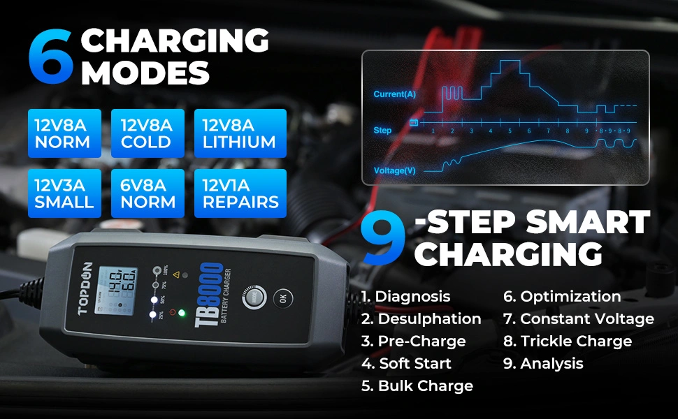 Portable Smart Topdon Tb8000 Lead Acid Lithium 12V 24V Automatic Car Battery Charger Pack Power Bank Supply