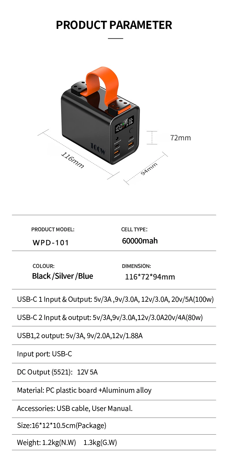 High Quality 100W 60000mAh Mobile Phone Charger Station Rechargeable Power Bank Wpd-101W