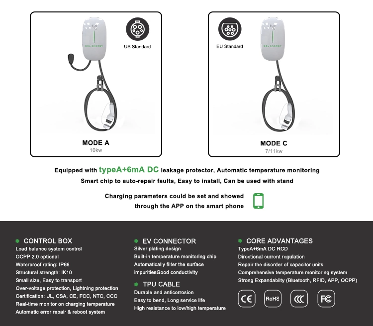 Gsl EV Charger Ocpp Type 2 Charge Cable 7kw 11kw Wallbox EV Charger 3 Phase Electric Car Charging Station