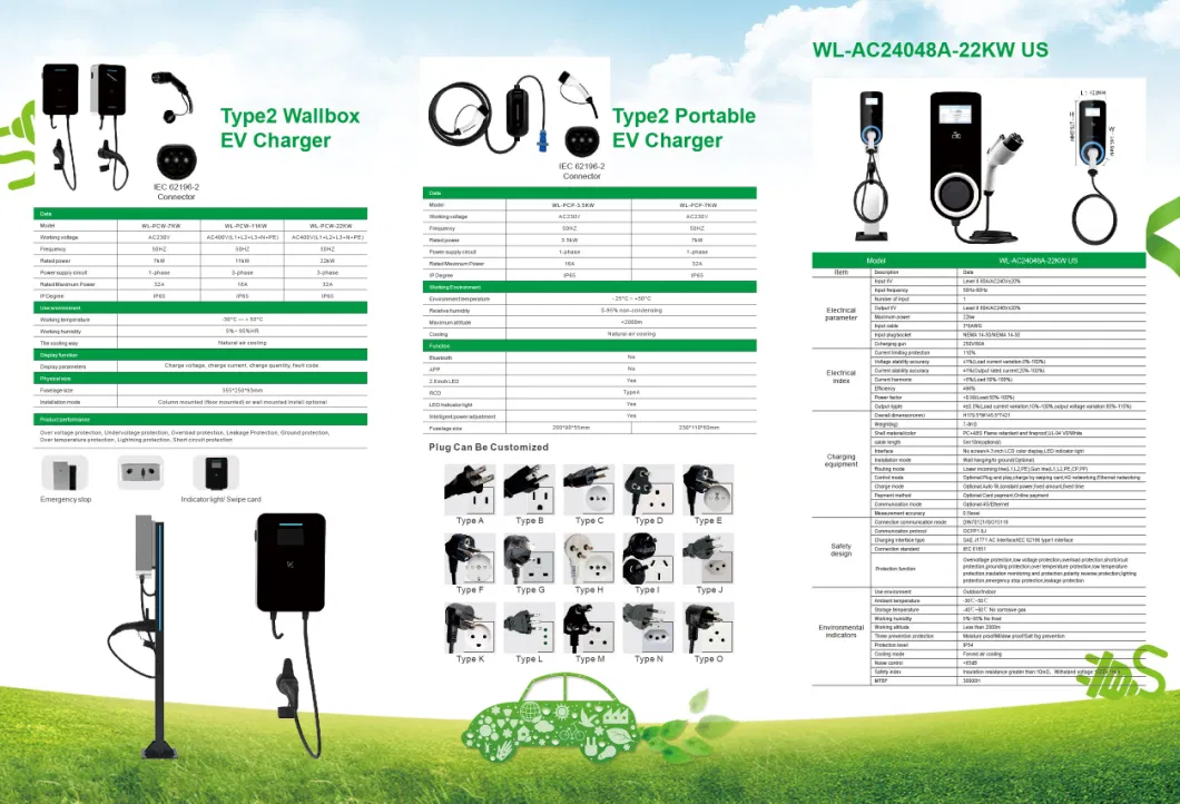 Home Use Electric Car Charging Station 32A 22kw EV Charger Wallbox Type2 3 Phase for Electric Vehicle WiFi APP Control RFID