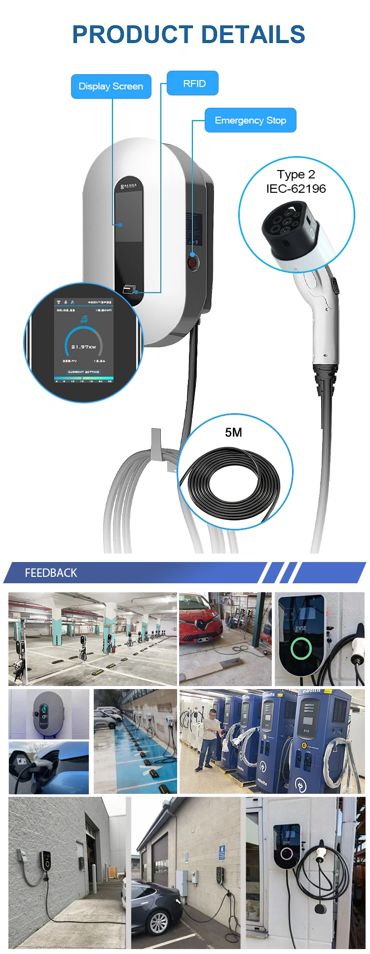 5 Meter Cable Home Use 7 Kw Type 2 Portable EV Charger CE 220V Portable EV Car Charging Station for Byd Electric Cars