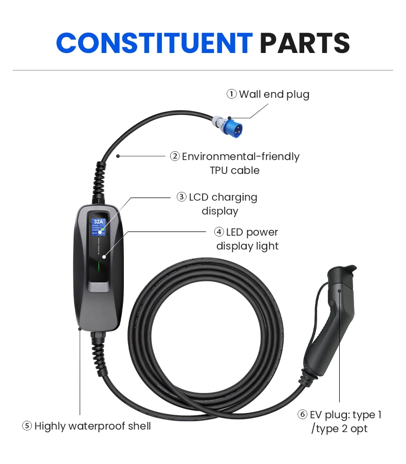 Besen Max 40A 8.8kw Type 1 Portable EV Charger IP66 SAE J1772 Us Standard Mode 2 Smart High Power Single Phase Electric Vehicles Charger