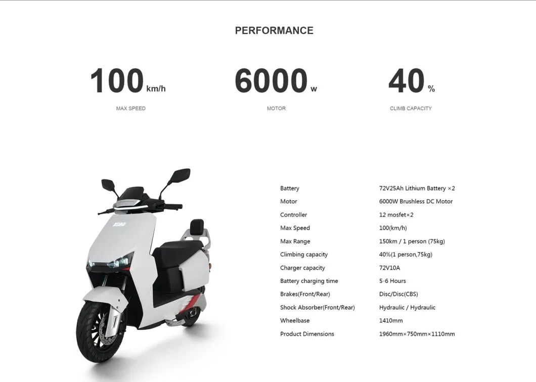 EEC Approved 100km/H High-Speed 150km Range 6000W Brushless DC Motor Removable 72V25ah Dual Lithium Batteries Fast Charging Disc Brake Electric Motorcycle