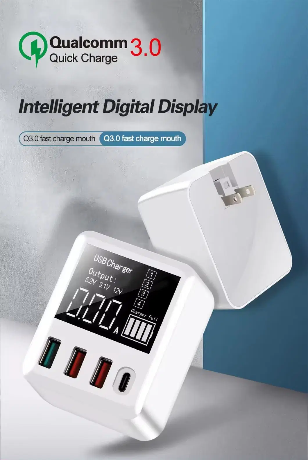 4port Quick Charge QC3.0 Pd Adapter Display Travel Wall Fast Charging Stations