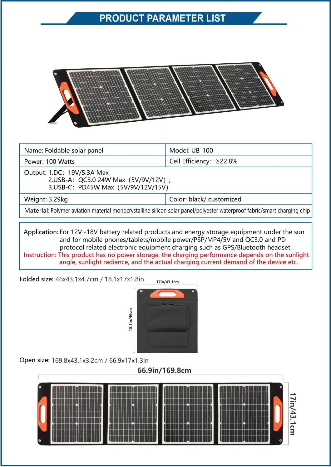 Premium Products Flexible Solar Panel Charger 100W 22.8% Efficiency