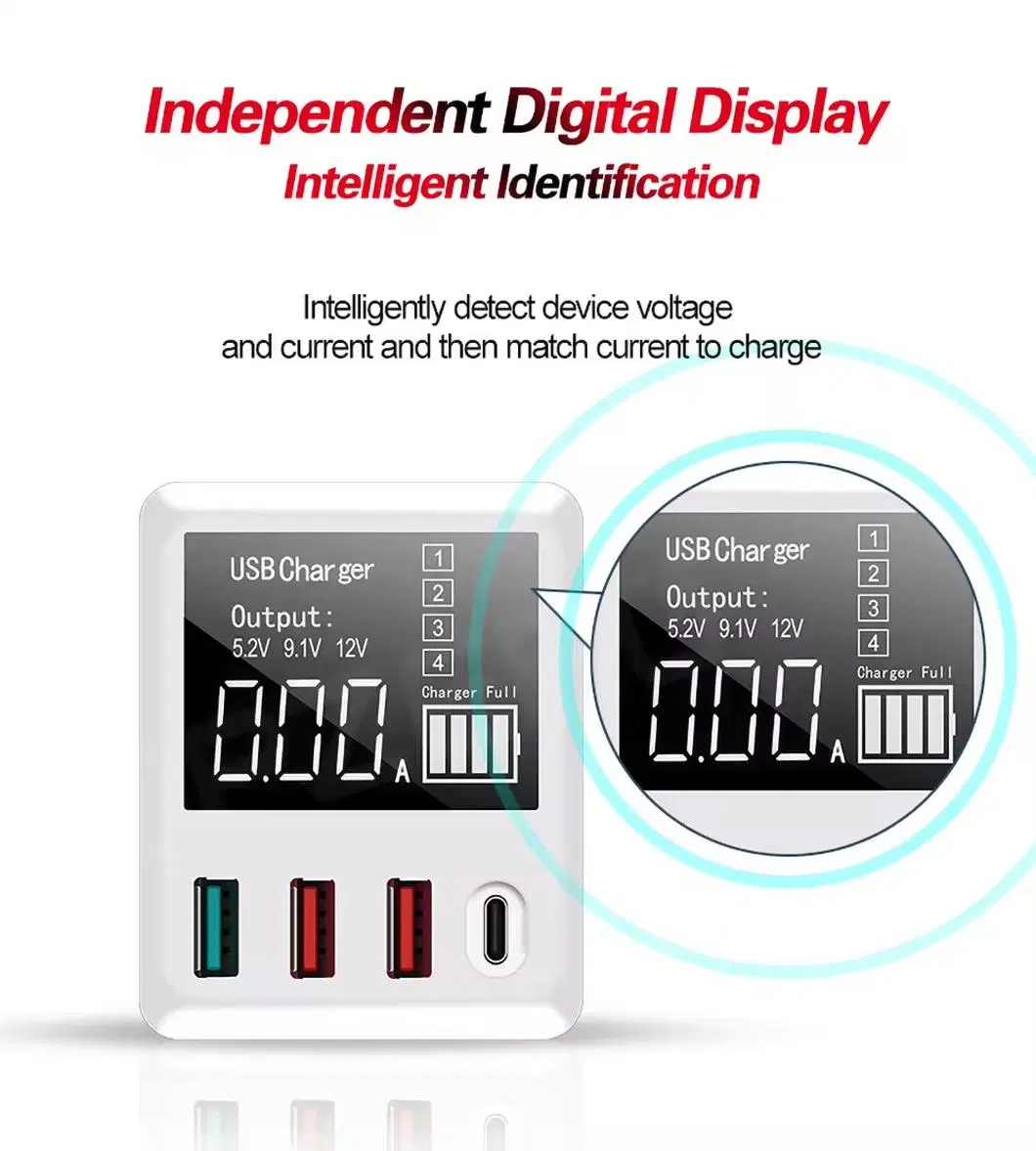 4port Quick Charge QC3.0 Pd Adapter Display Travel Wall Fast Charging Stations