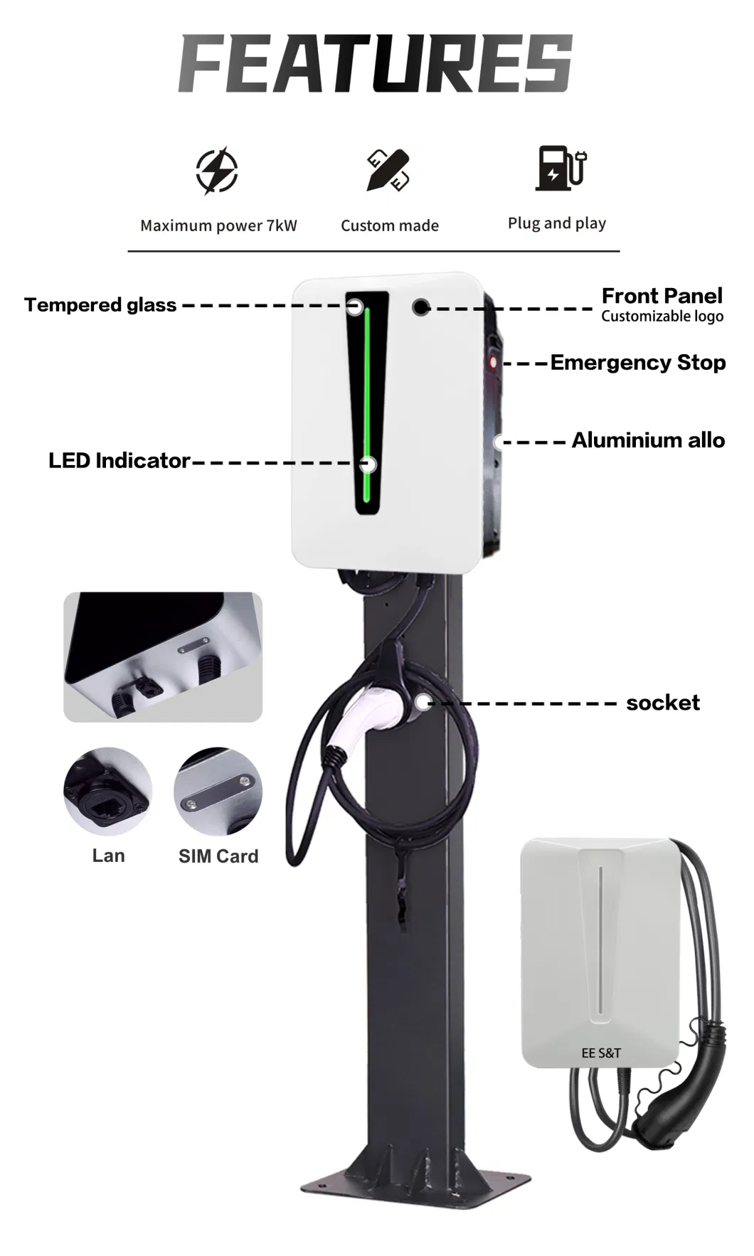 Ee S&T European Standard Mode 3 7kw 11 Kw 22kw APP AC EV Fast Electric Car Charger Station with Type 2 Plug for Home and Residential Area