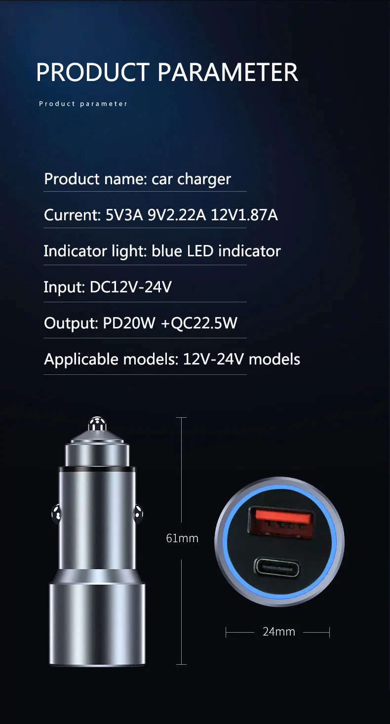 Dual Ports 3A QC 3.0 Pd Fast Charge Car Charger Adapter All-Metal Mini USB C Car Charger