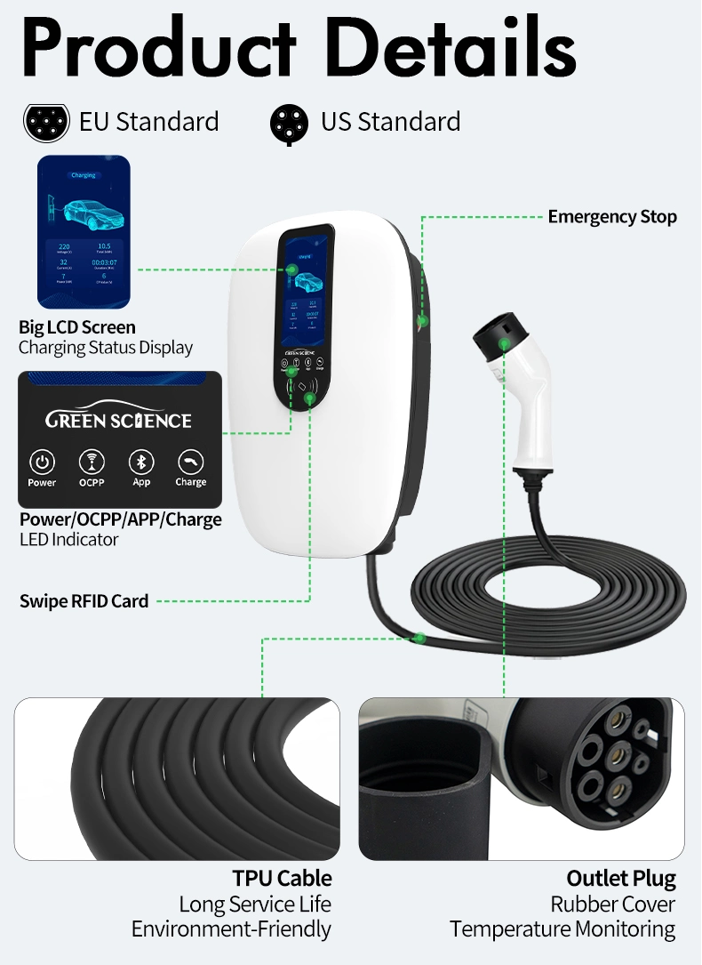 Type 2 EV Charger AC 7kw/11kw/22kw RFID Card/APP Control with Dlb Optional