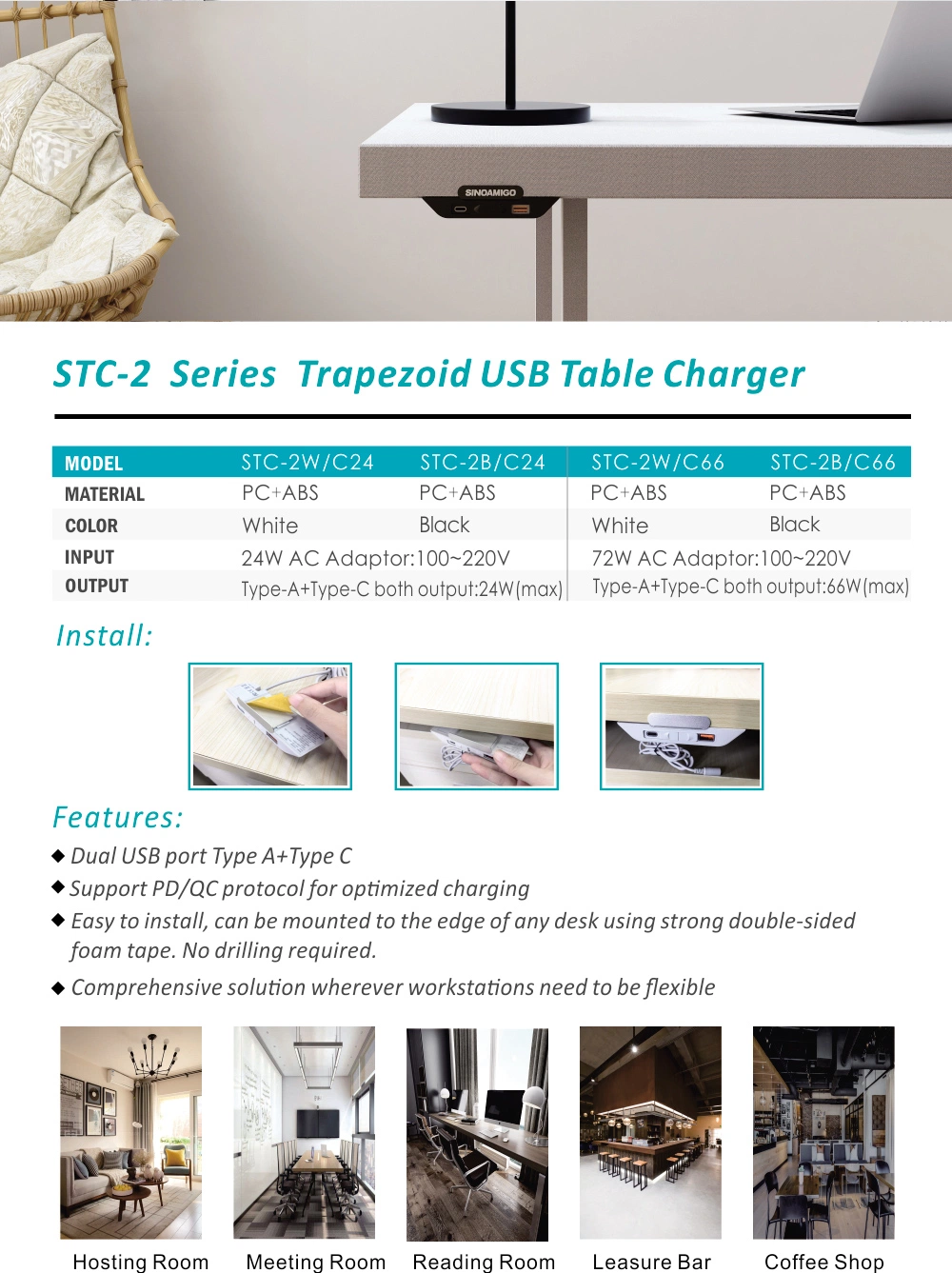 Dual Port Trapezoid Table USB Charger Type a+C