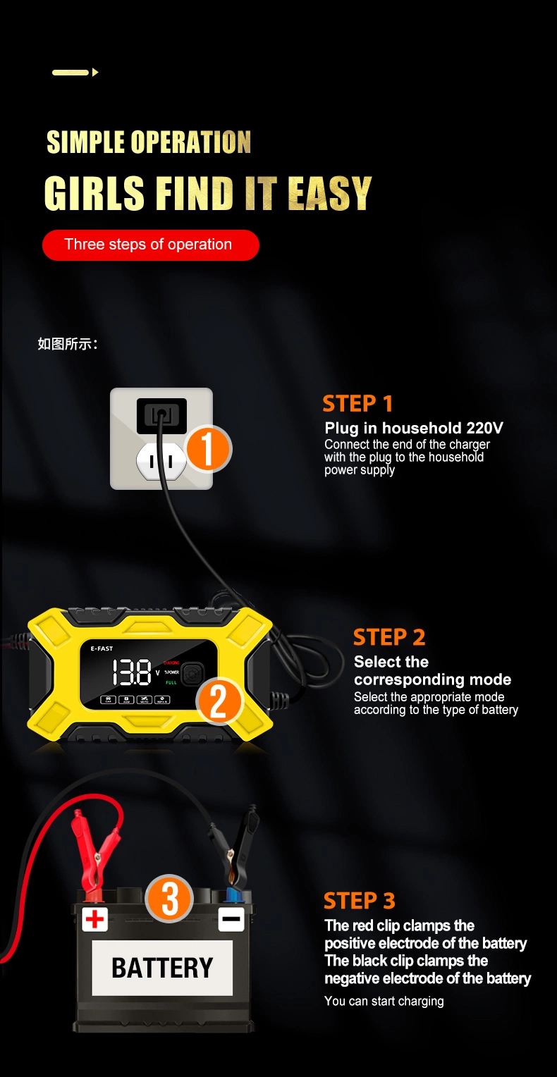 E-Fast Pulse Repair Lead Acid Battery Charger 12V 6A Full Intelligent Automatic Repair Car Battery Charger