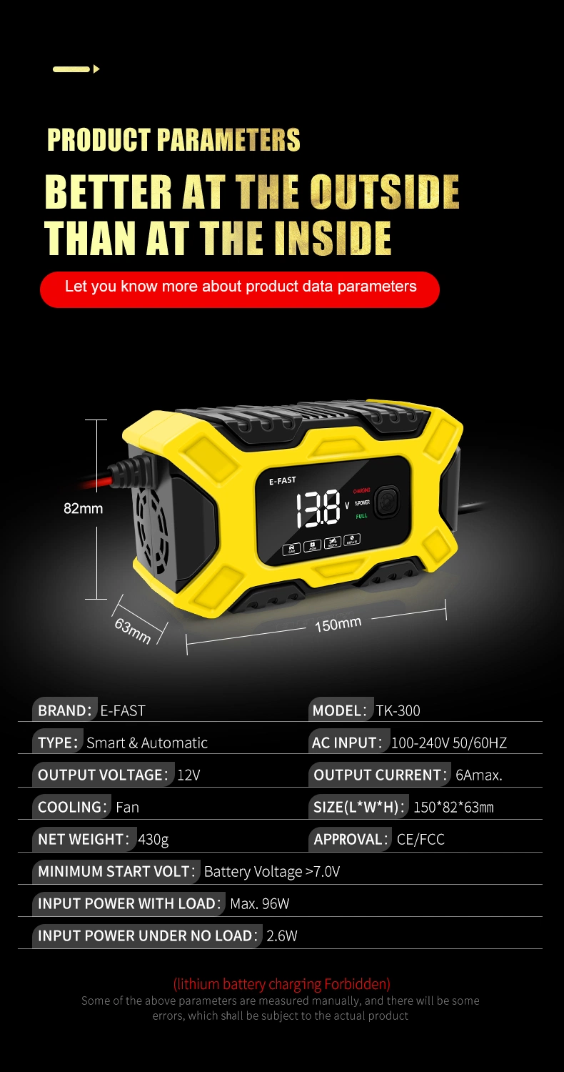 E-Fast Pulse Repair Lead Acid Battery Charger 12V 6A Full Intelligent Automatic Repair Car Battery Charger