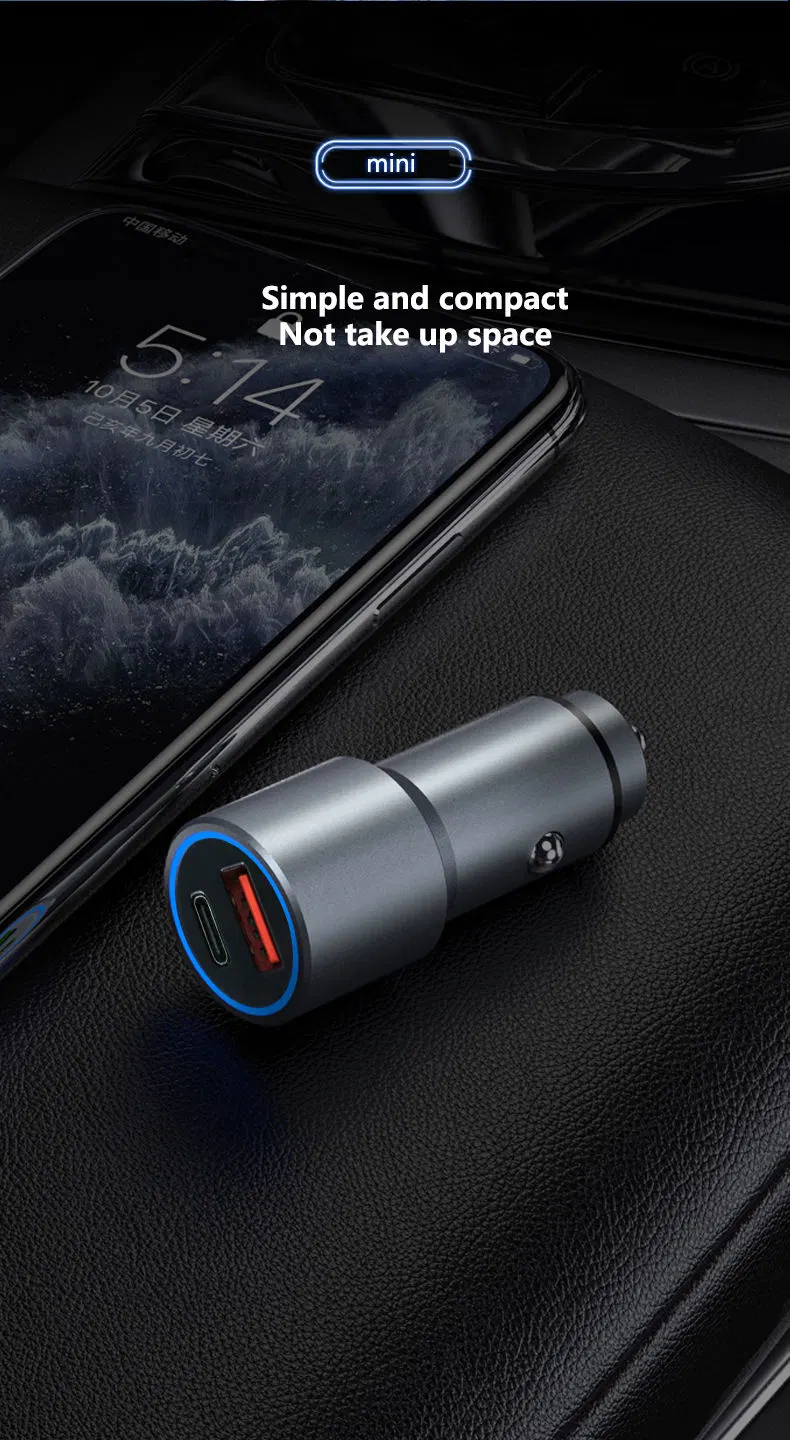 Dual Ports 3A QC 3.0 Pd Fast Charge Car Charger Adapter All-Metal Mini USB C Car Charger