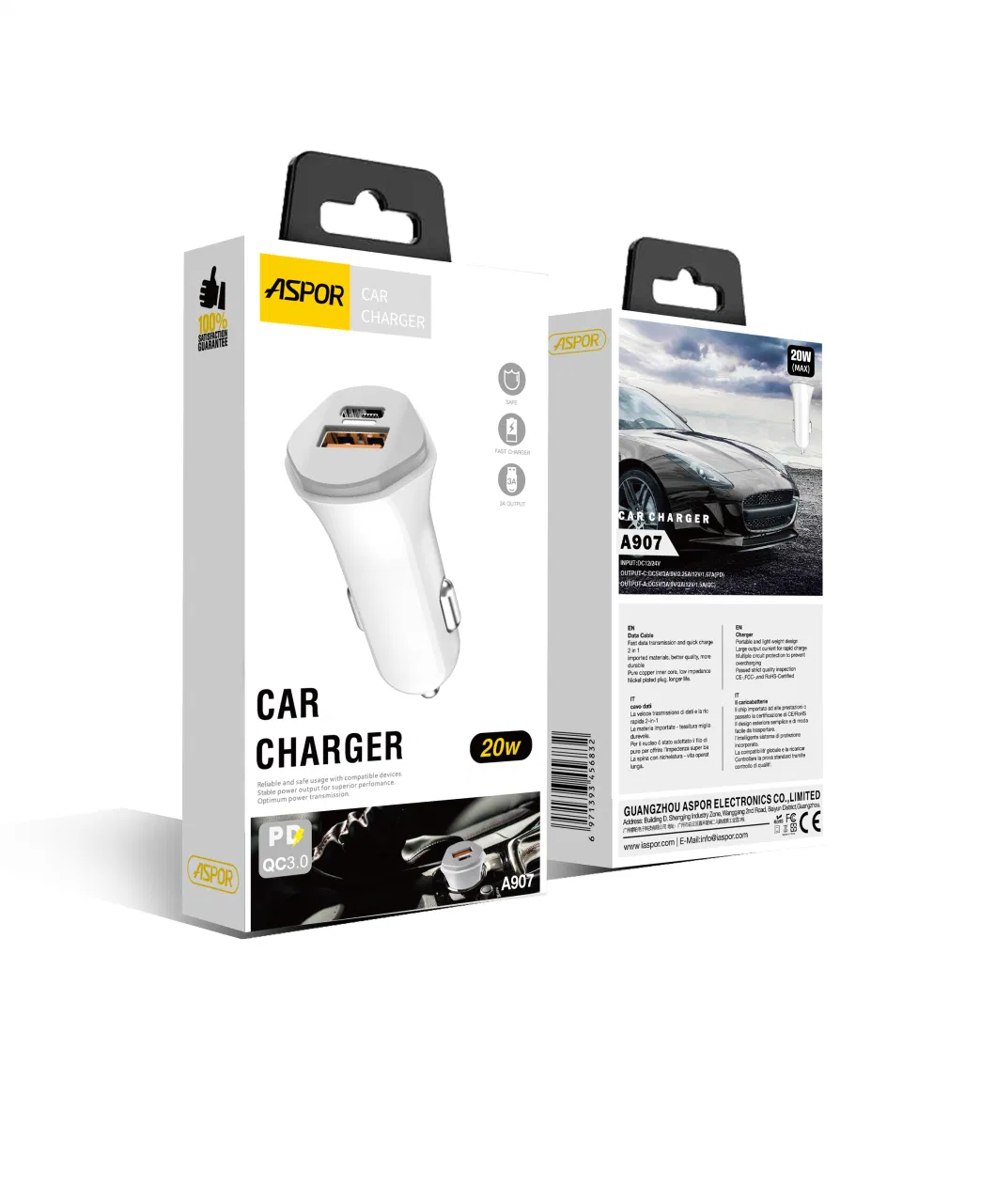 Aspor Fast Charge 20W Universal Plug Pd QC3.0 Car Charger Adapter for All Mobile Phones Factory Supply