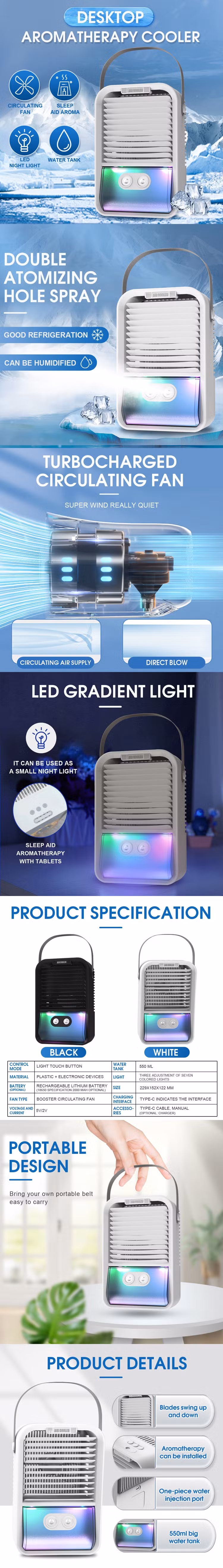 Portable Mini Desktop Air Conditioner Fan Personal Space 3 Wind Speed Cooler Air Cooling Aromatherapy Fan