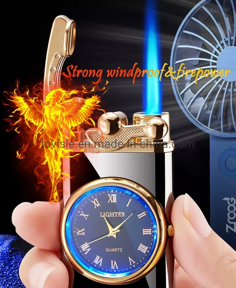 Creative Dial Rocker Arm Inflatable Gas Lighter with Electric Watch Windproof Portable Candle Lighter for Grills BBQ Fireplaces Camping