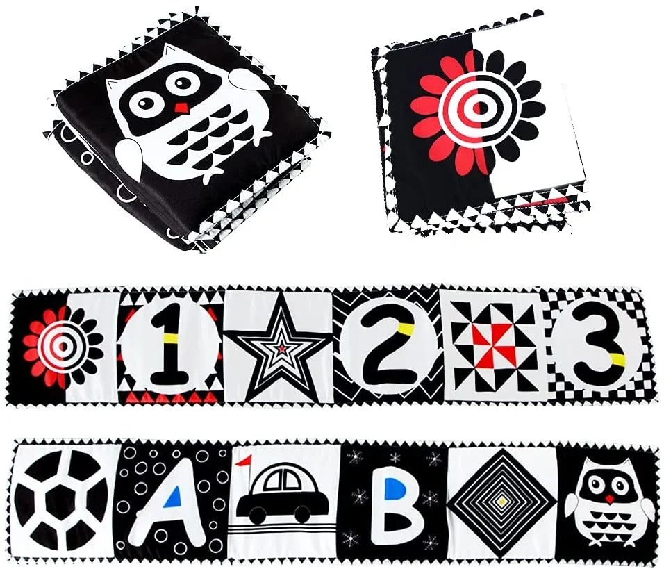 Black White High Contrast Soft Tummy Time Owl Folding Educational Activity Cloth Book for Babies