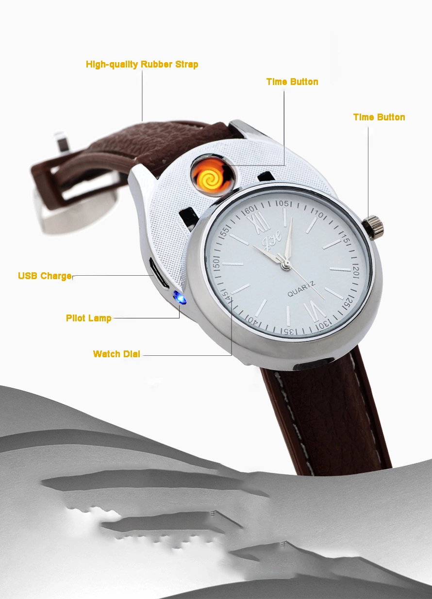 Men Watches Lighter Cigarettes Watches USB Charging Quartz Clock Flameless Cigarette Lighter Outdoors Men Gifts