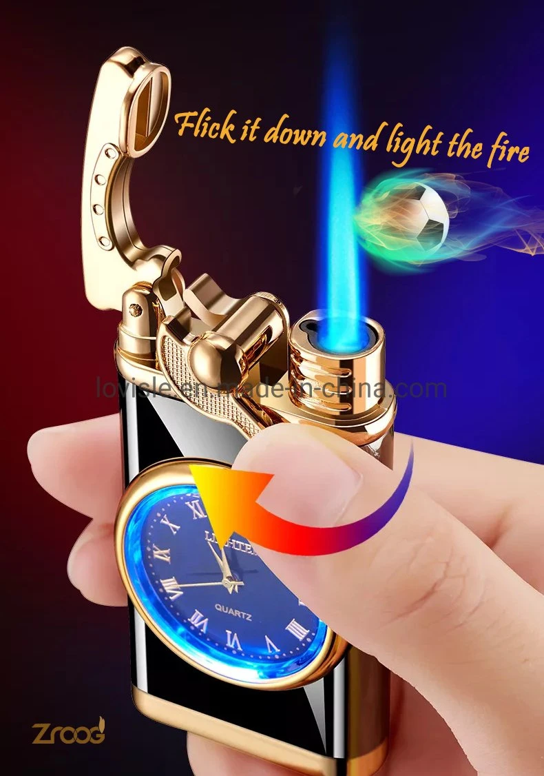 Creative Dial Rocker Arm Inflatable Gas Lighter with Electric Watch Windproof Portable Candle Lighter for Grills BBQ Fireplaces Camping