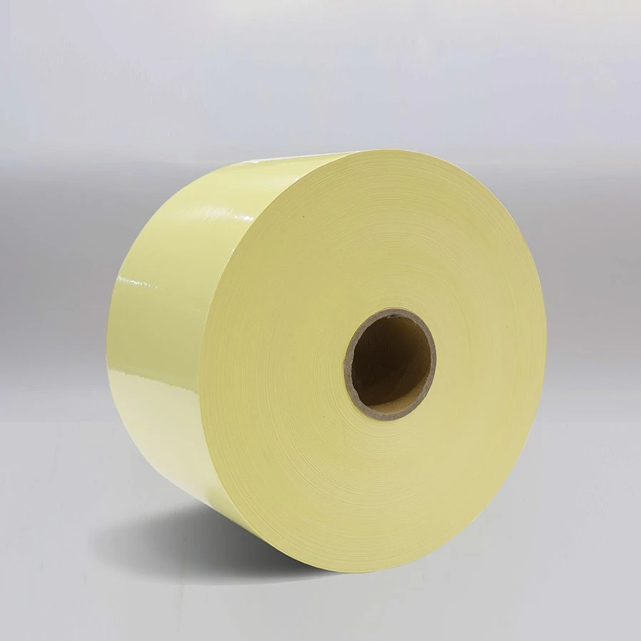 High Toughness 16um Pet Transparent Adhesive Label Material 140g Yellow Botttom Paper