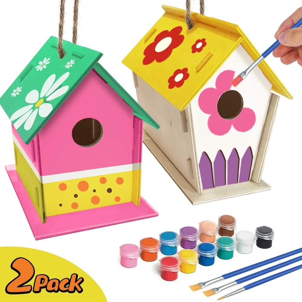 Crafts for Kids Ages 4-8 Wooden Arts 2pack DIY Bird House Kit and Paint Bird House (Includes Paints &amp; Brushes) Wooden Arts for Girls