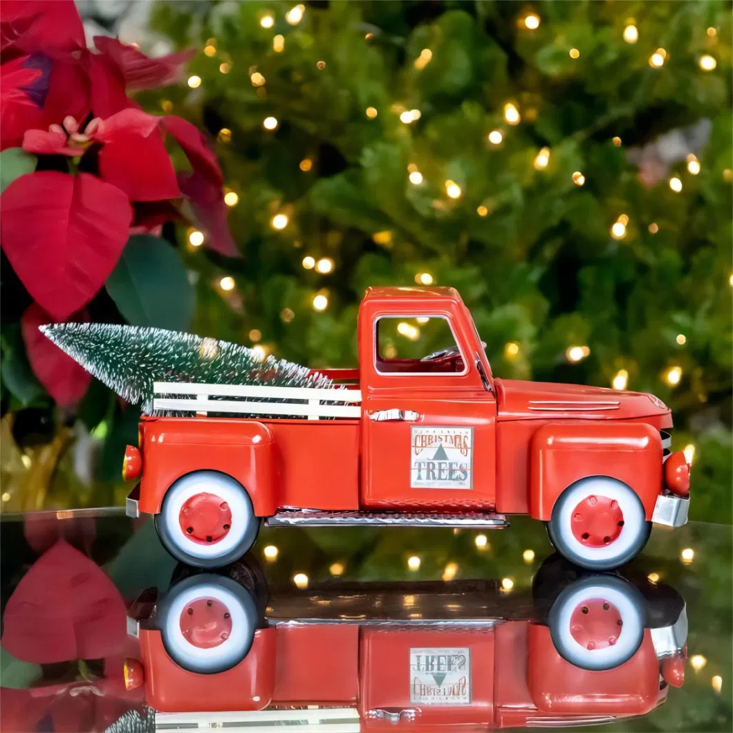 OEM Factory Customized Christmas Red Truck Christmas Decoration Mini Holiday Truck with Tree Home Decoration Decorative Metal Craft Manufacturer in China