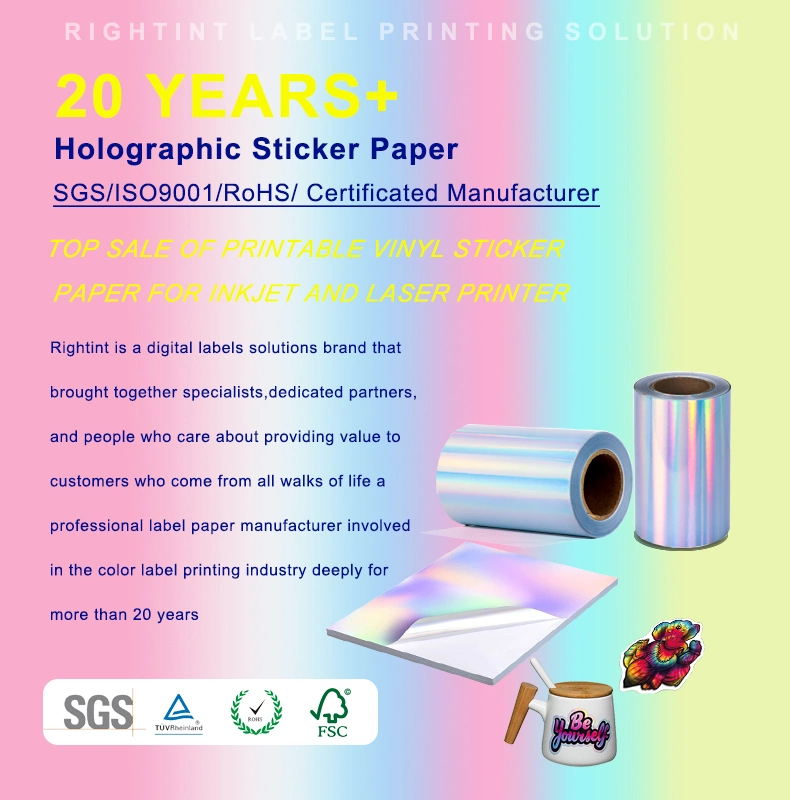 Aluminum Foil Rightint, OEM A4 White Glassine Holographic Sticker Paper in Rolls