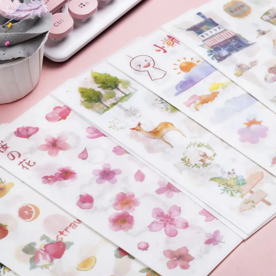 Custom Cute Decorative Journal Scrapbook Eco Friendly Washi, Varnished Kiss Cut Aesthetic Stickers Sheet for Journaling