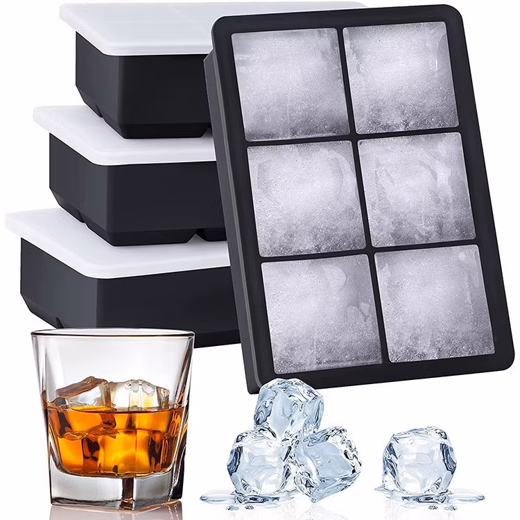 BPA Free Wholesale Silicone Ice Cube Trays Large Size Stackable Flexible Silicone Ice Cube Molds with Leak Proof Removable Lid