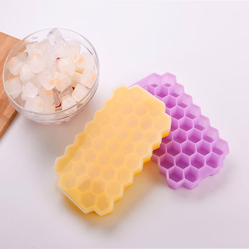 Factory Custom Food Grade Silicone Ice Cube Mould Hexagon 37 Holes Honeycomb Ice Cube Tray with Lid