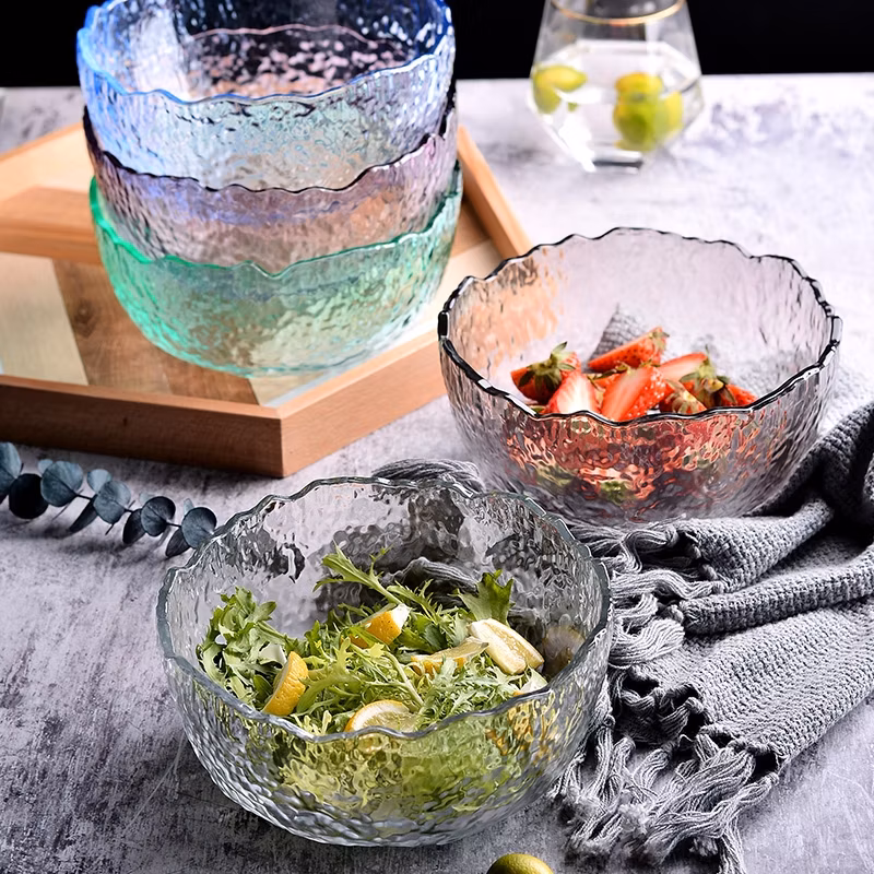 Colorful Decorative Glass Clear Salad Bowl Glass Dessert Fruit Salad Bowls Sets with Gold Rim