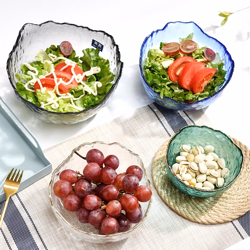 Colorful Decorative Glass Clear Salad Bowl Glass Dessert Fruit Salad Bowls Sets with Gold Rim