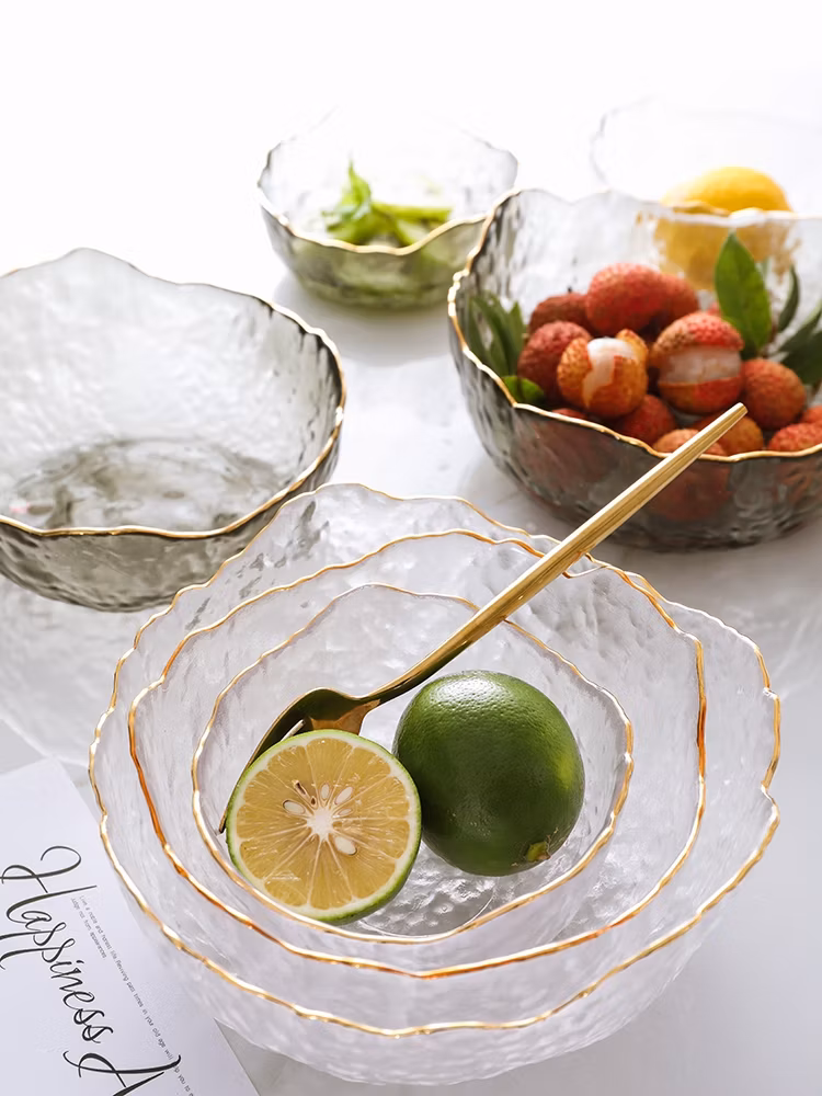 400ml 600ml 1200ml Wholesale Colorful Decorative Glass Clear Salad Bowl Glass Dessert Fruit Salad Serving Bowls Sets with Gold Rim