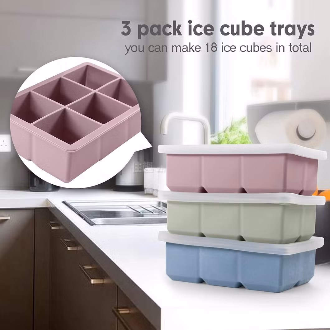 BPA Free Wholesale Silicone Ice Cube Trays Large Size Stackable Flexible Silicone Ice Cube Molds with Leak Proof Removable Lid