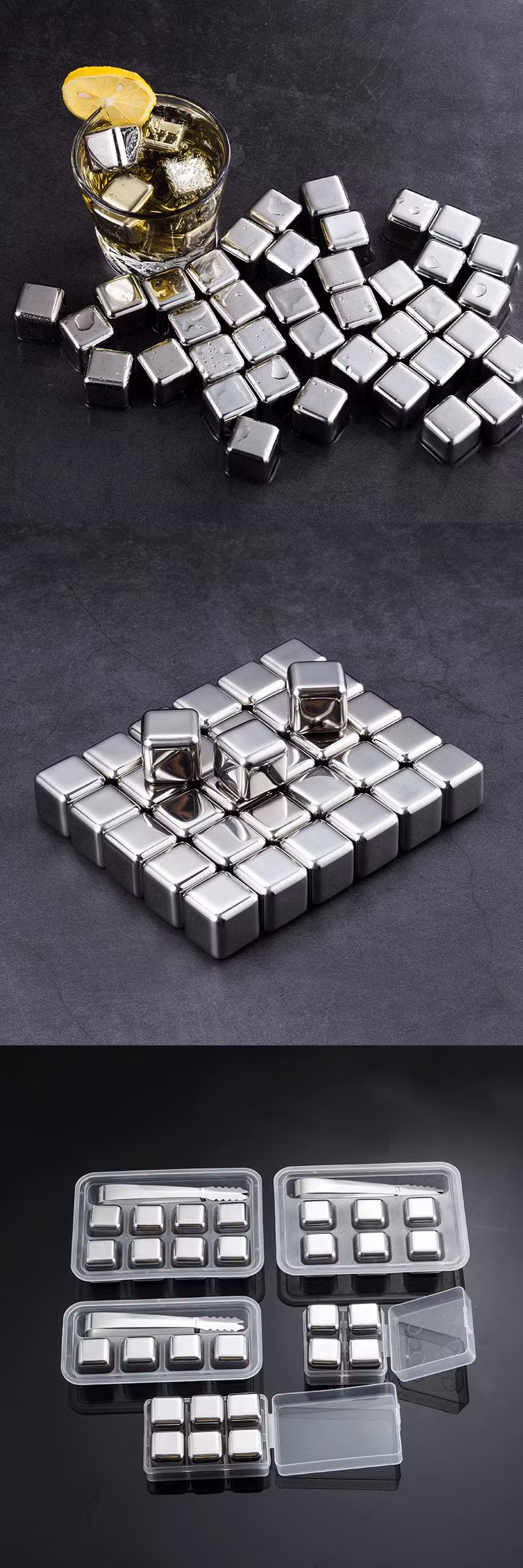Hot Sell Metal Chilling Reusable Whiskey Stones Stainless Steel 304 Ice Cube Rocks with Tongs for Bar Win