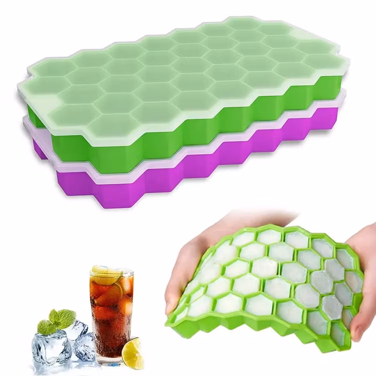 Factory Custom Food Grade Silicone Ice Cube Mould Hexagon 37 Holes Honeycomb Ice Cube Tray with Lid