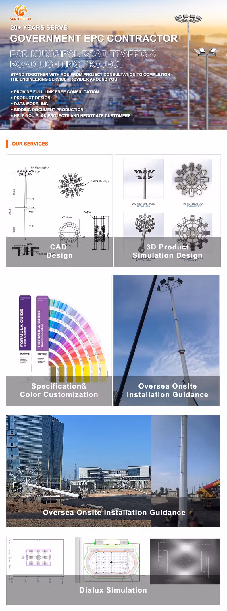 18, 20m, 30m, 35m Hot DIP Galvanized High Mast Lighting Pole with LED Projection Lights for Stadiums, Airports, and Streets