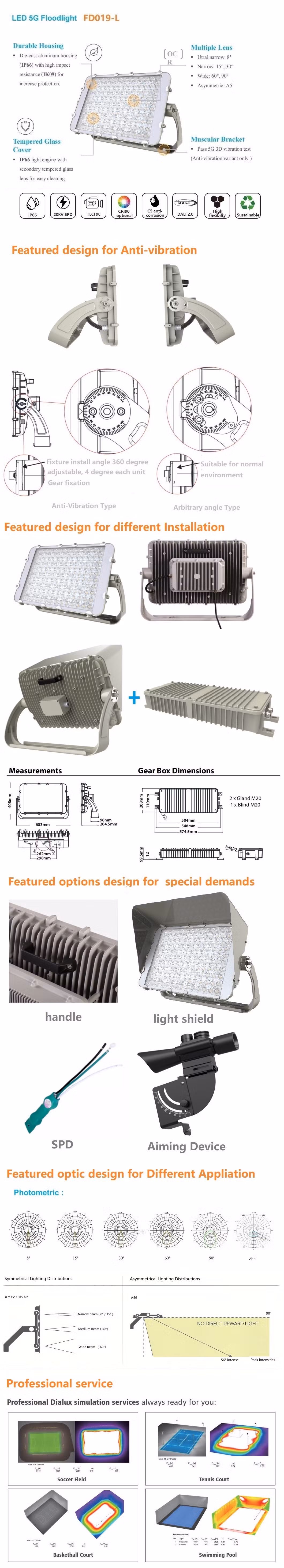 LED Flood Light IP66 190lm/W 4000K Ik08 Die-Casting High Lumen Aluminum Waterproof Dimmable Dali Outdoor5years Warranty OEM ODM 400W 450W 480W 600W CE