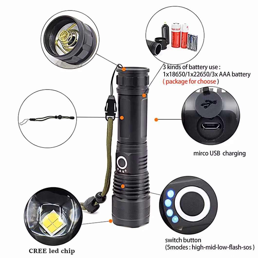 High Power USB Rechargeable Outdoor Camping Searching Work Aluminum LED Flashlight with Zoom in and Zoom out Function