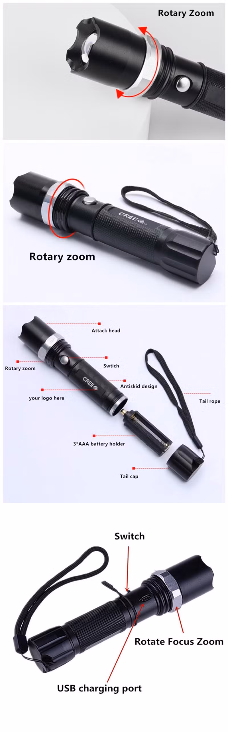 Zoomable Torch LED Torchlight Flashlight USB Rechargeable Aluminum Alloy Wholesale