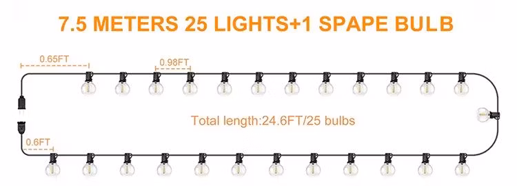 25FT Globe Garden Light Strand Commercial Garden Strand LED Bulbs G40 Solar Wedding Party Holiday String Lights Outdoor