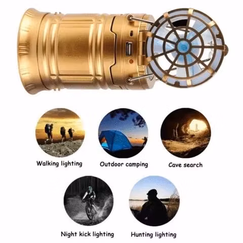 Collapsible Solar Camping Lantern with Fan Rechargeable LED Camping Hiking Light Tent Lamp