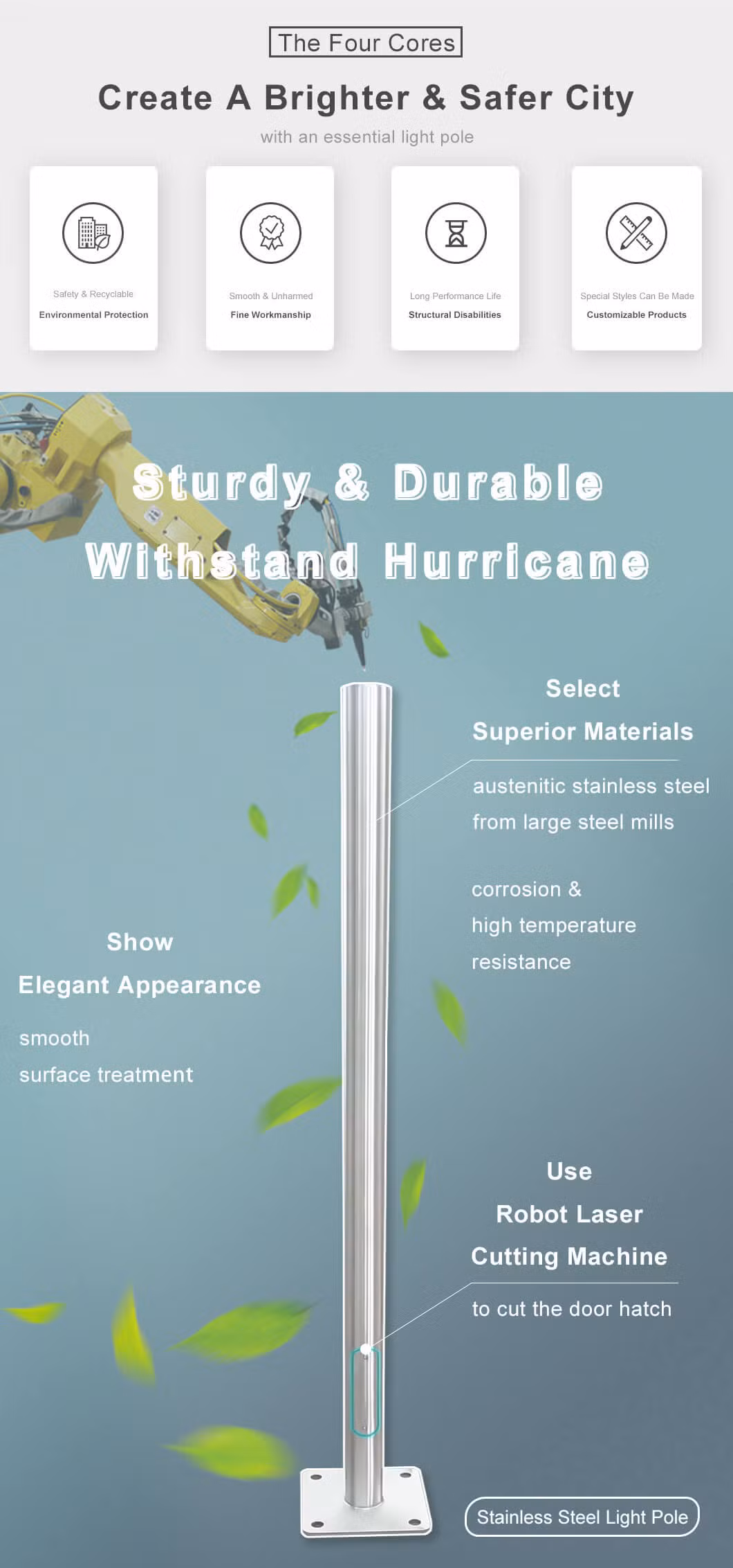 304 304L 316L Stainless Steel Outdoor Solar Lamp Post