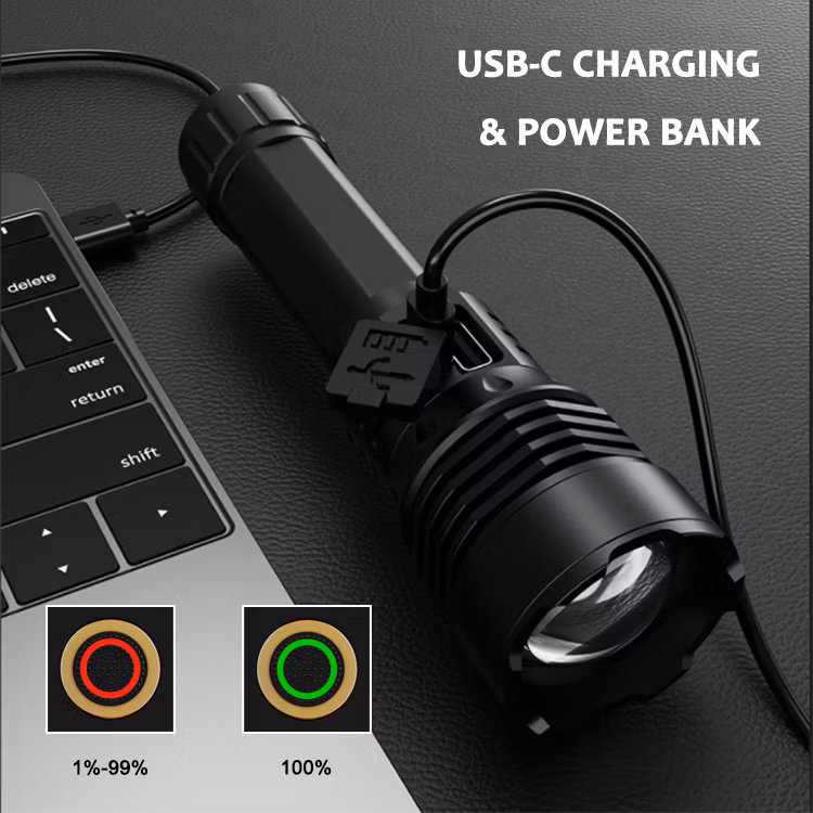 Helius Zoomable Flashlight LED Torch Aluminum Alloy Type-C Charging 6 Mode Lighting 5050 White Laser Flashlight