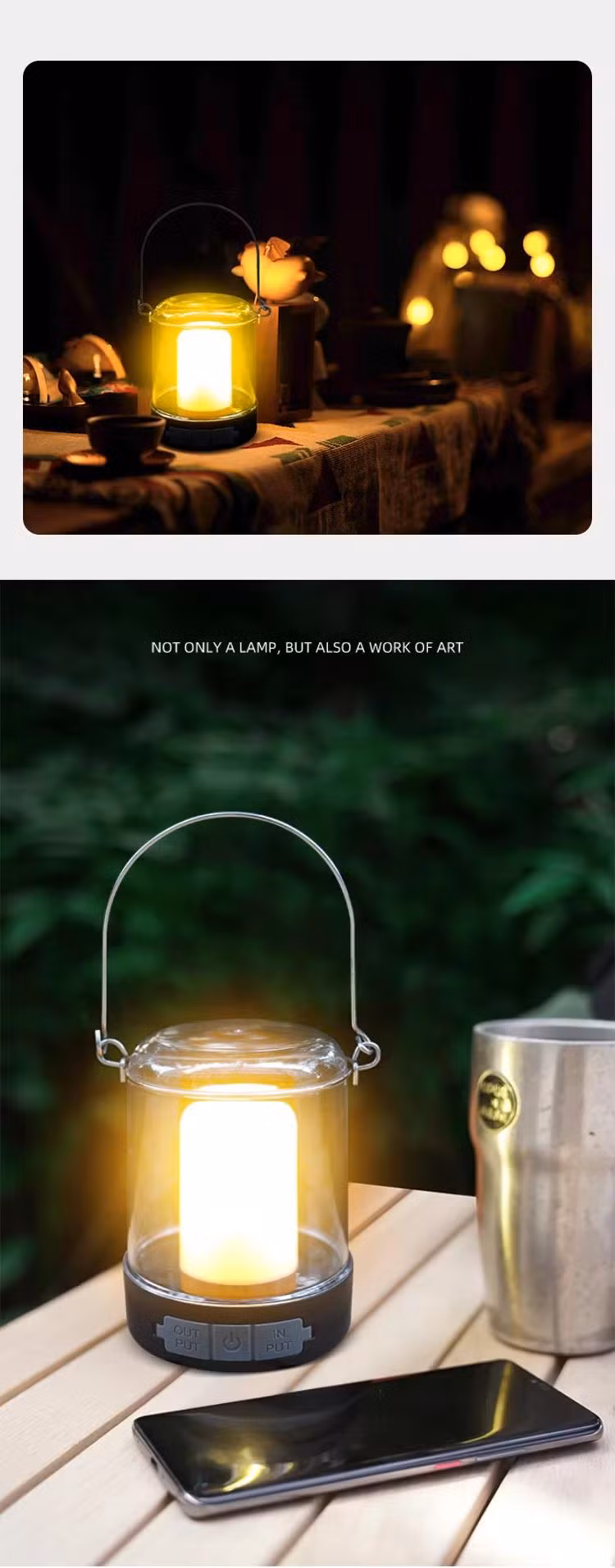 Outdoor Lantern with Seeded Glass and Petroleum lamp LED Atmosphere Light Type-C Rechargeable Camping Light