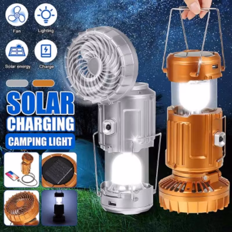Collapsible Solar Camping Lantern with Fan Rechargeable LED Camping Hiking Light Tent Lamp