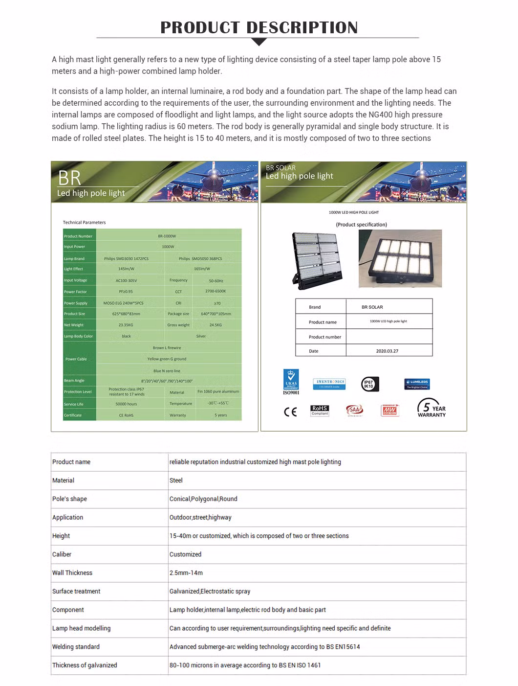 220V LED Flood Light Outdoor High Mast Pole with Street Lights