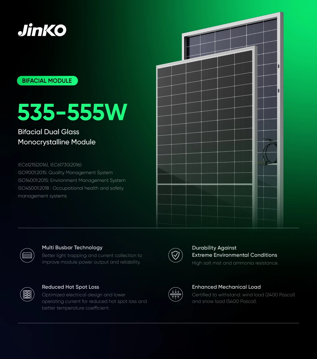 Jinko Bifacial Double Glass Solar Panel 540W 545W 550W 555W Micro Inverters Bifacial Panel for Solar Panels