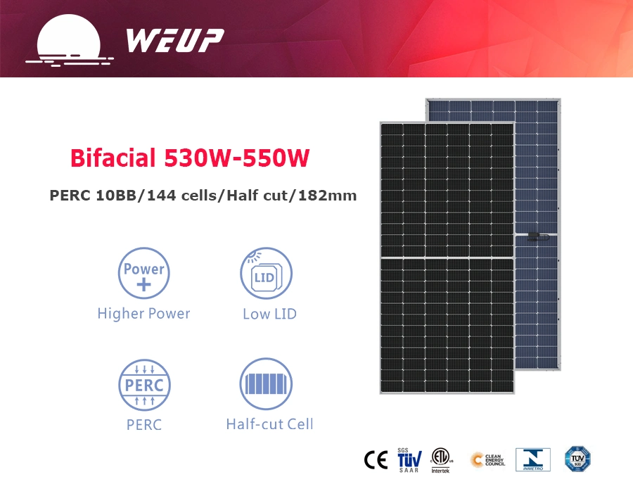 Easy to Install 530W 540W 550W 144 Cells Half Cut Bifacial Solar Panel for Rooftop Solar Power System